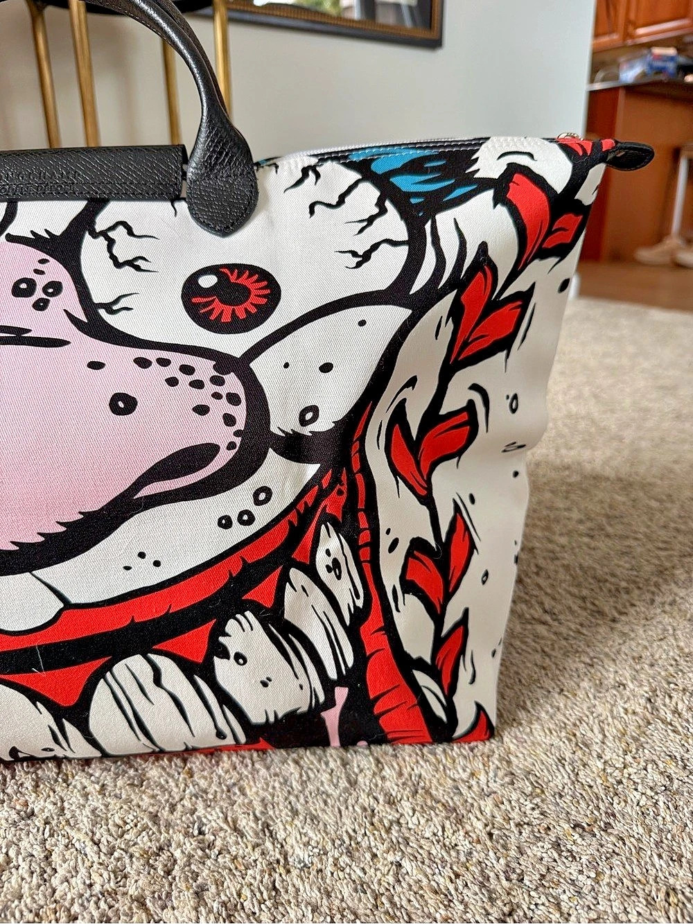 Longchamp Jeremy Scott x Longchamp Le Pliage Madballs Travel Bag White & Pink - Picture 4 of 7